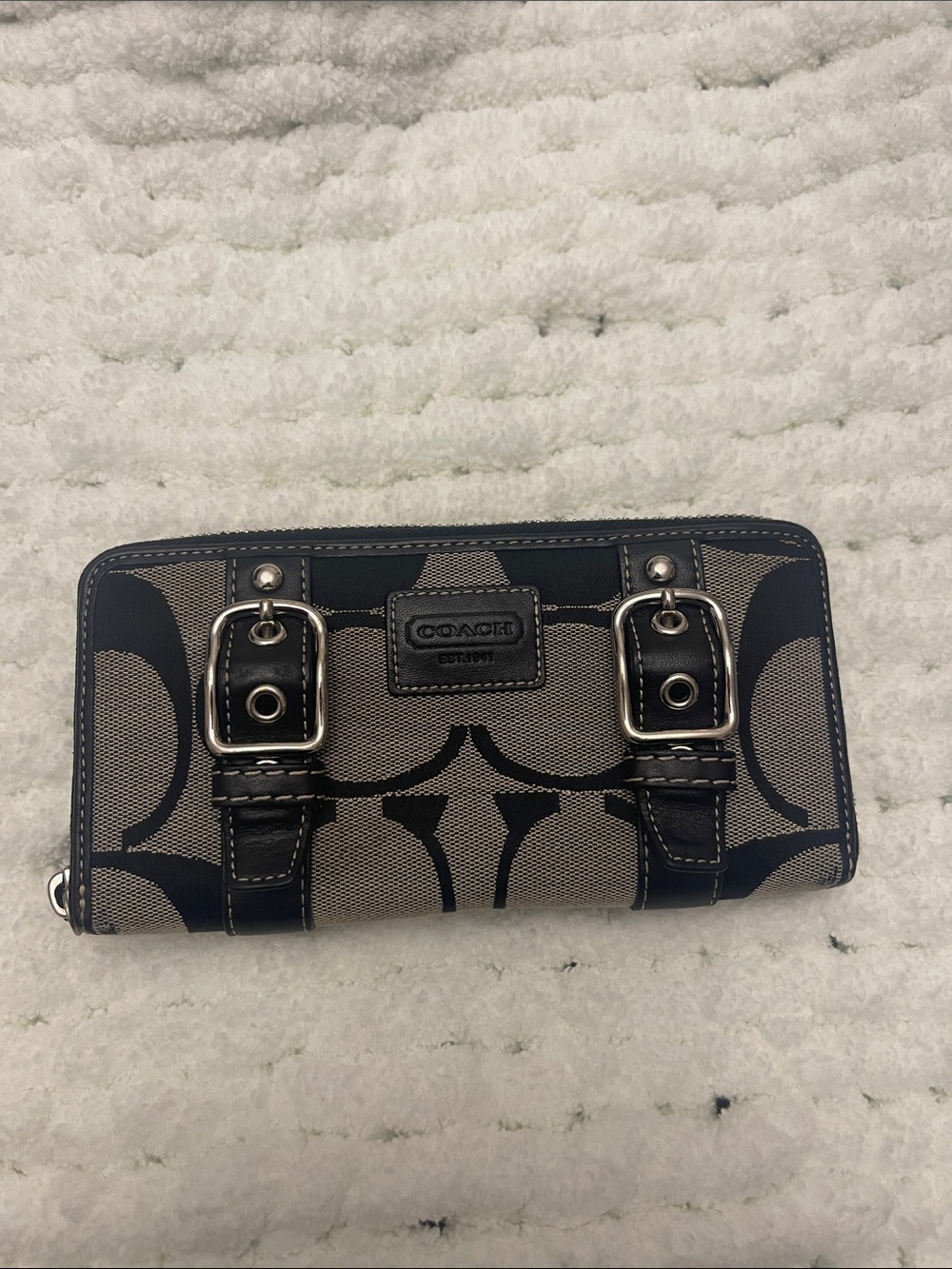 Coach Khaki and Black Signature Canvas Zip Wallet with Buckle Detail